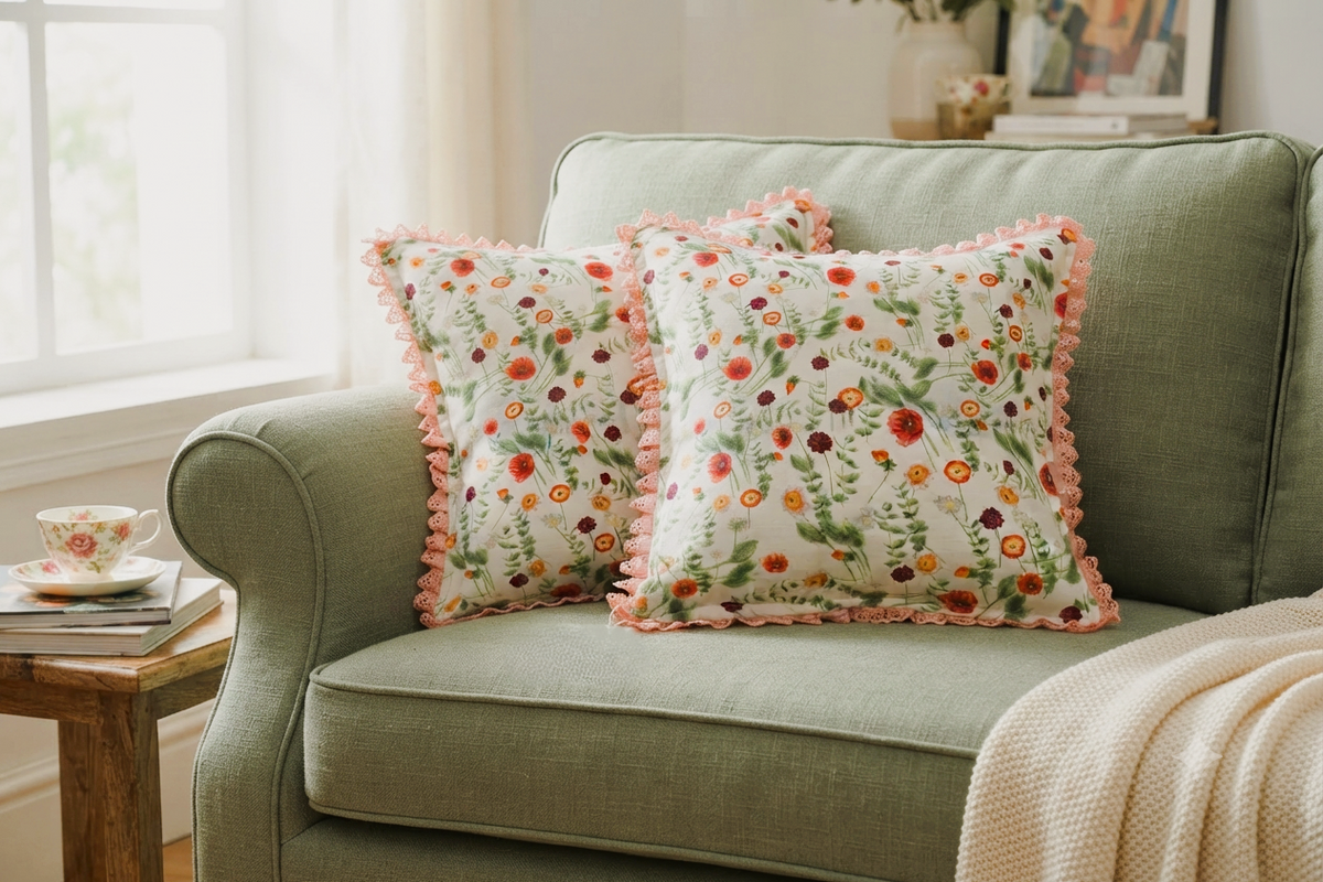 Floral Printed Cushion Cover with Lace Border – 16×16 Inch
