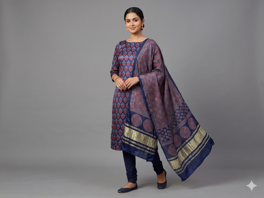 Navy Blue Modal Silk Churidar Material Set with Floral Print & Dupatta