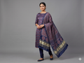 Navy Blue Modal Silk Churidar Material Set with Floral Print & Dupatta