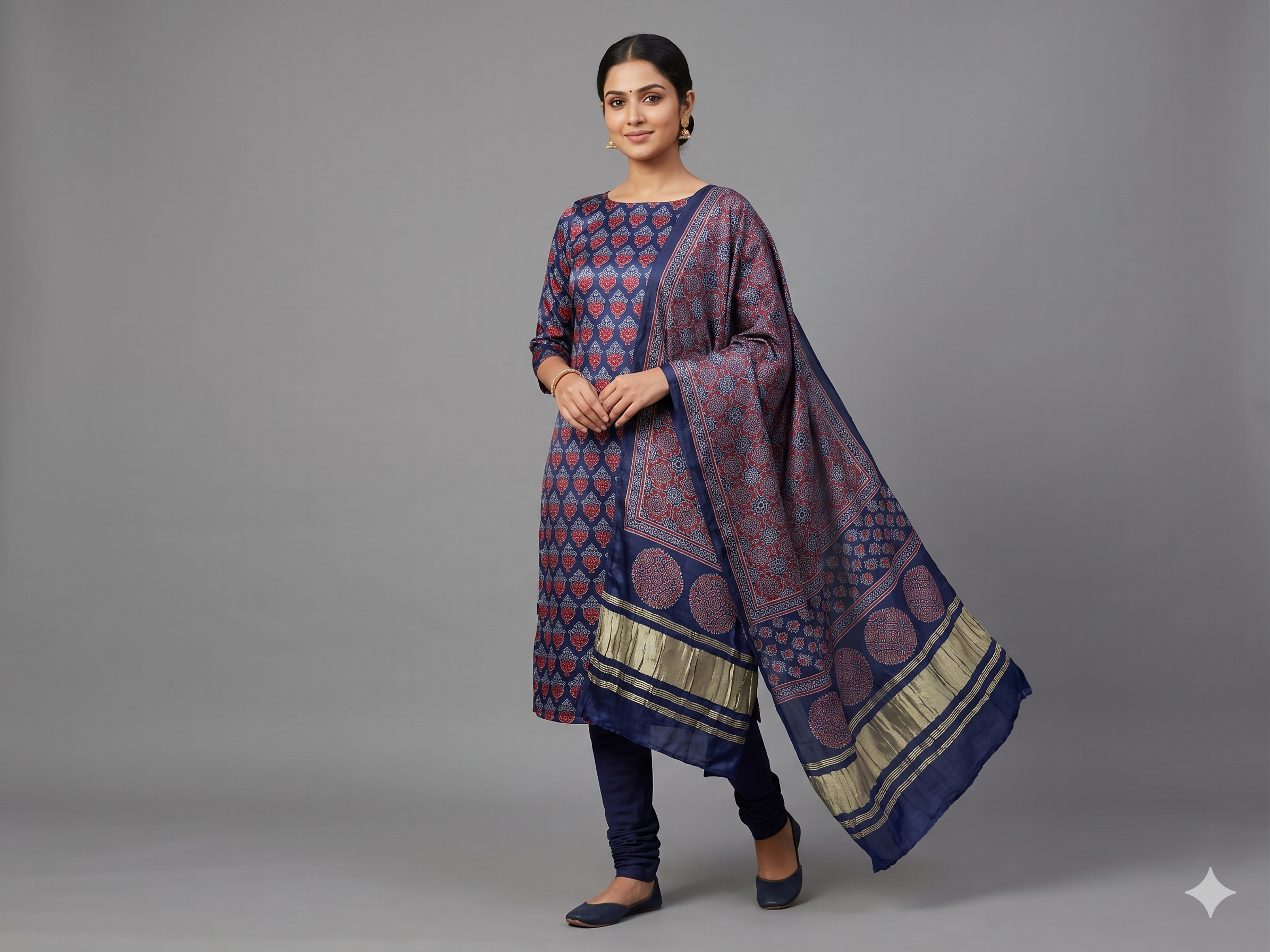 Navy Blue Modal Silk Churidar Material Set with Floral Print & Dupatta
