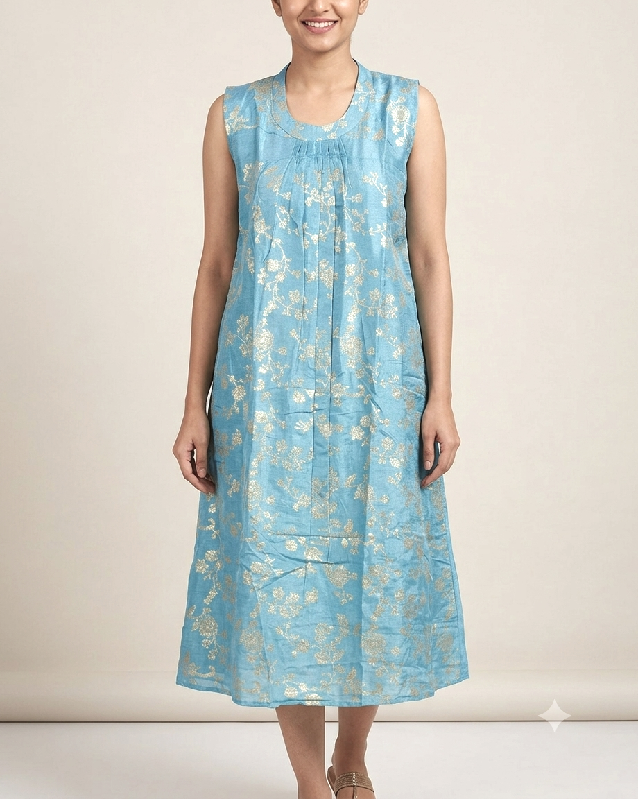 Women's Sky Blue Floral Jacquard Churidar a lineTop with Sleeve Material | Round Neck | Top Only