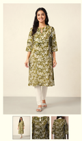 Women's Olive Green Floral Printed Churidar Top | 3/4 Sleeves | Round Neck | Kurti Top Only