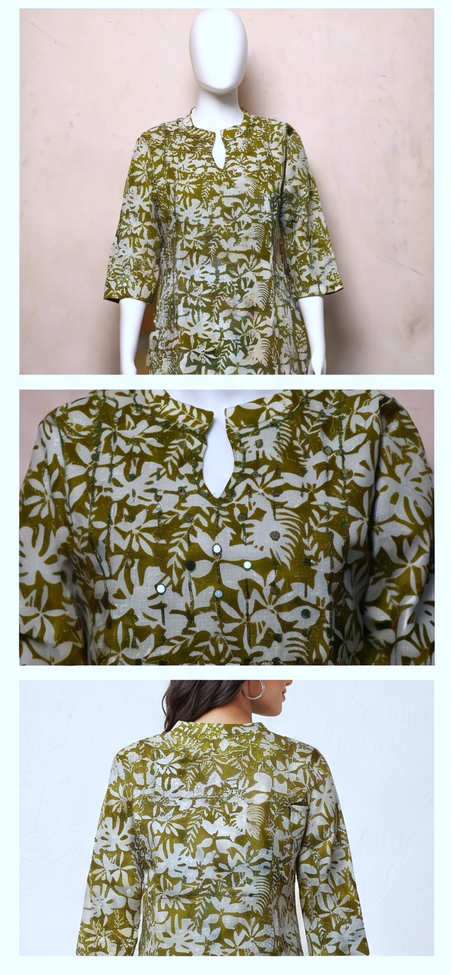 Women's Olive Green Floral Printed Churidar Top | 3/4 Sleeves | Round Neck | Kurti Top Only