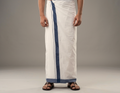 Premium Cotton Double Mundu with Blue Kasavu Border