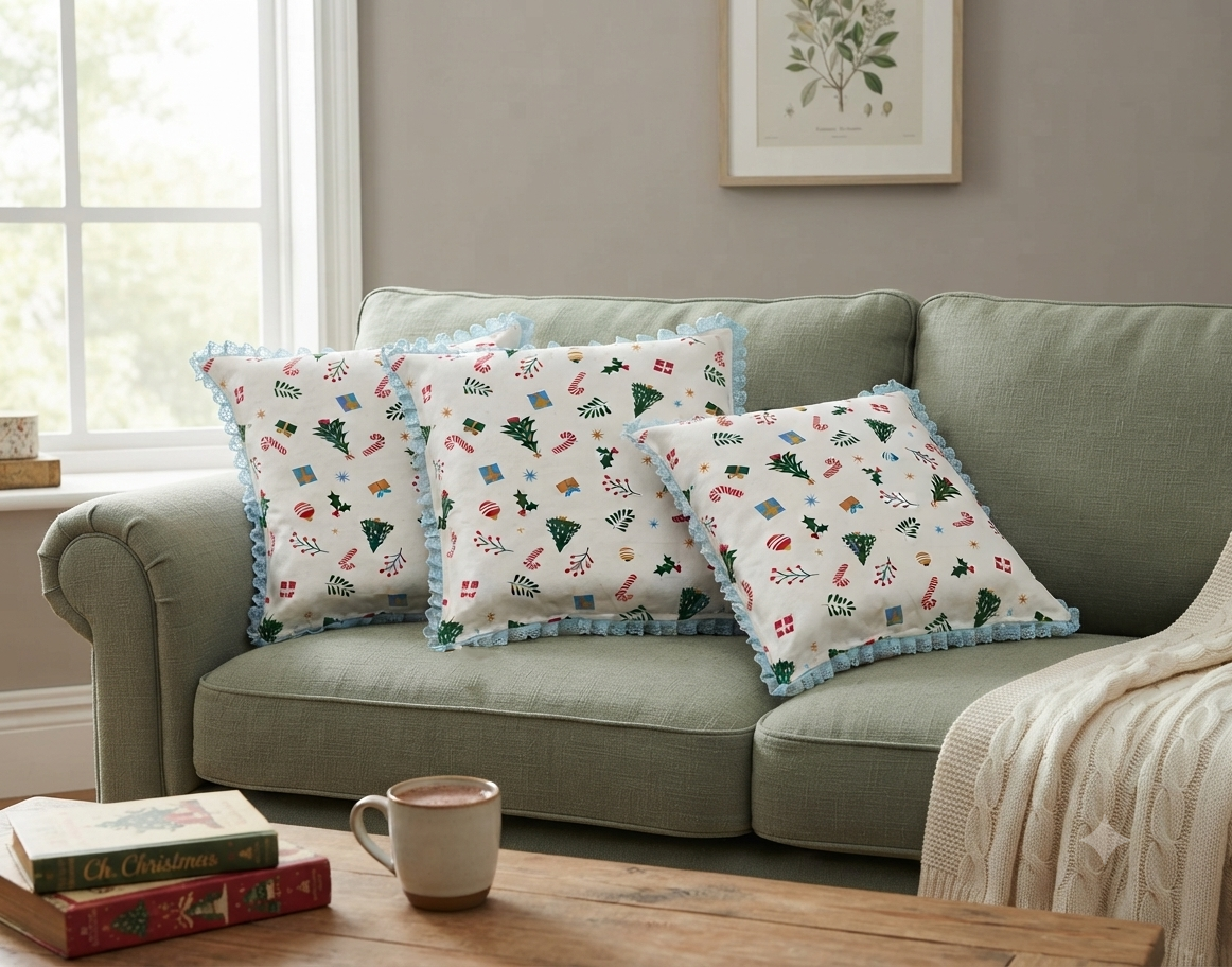 Christmas Printed Cushion Cover with Lace Border – 18 × 18 Inch