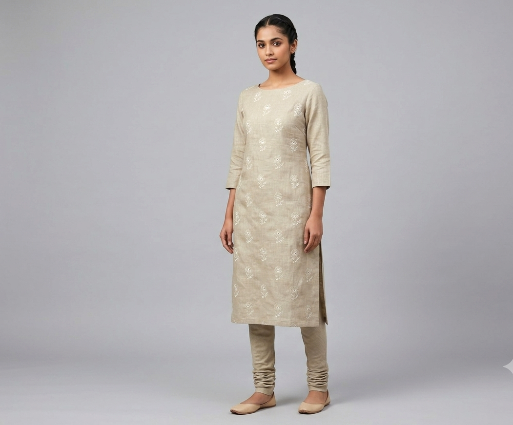 Beige Embroidered Semi Linen Dress Material Set | Top & Bottom Fabric | 44" Width