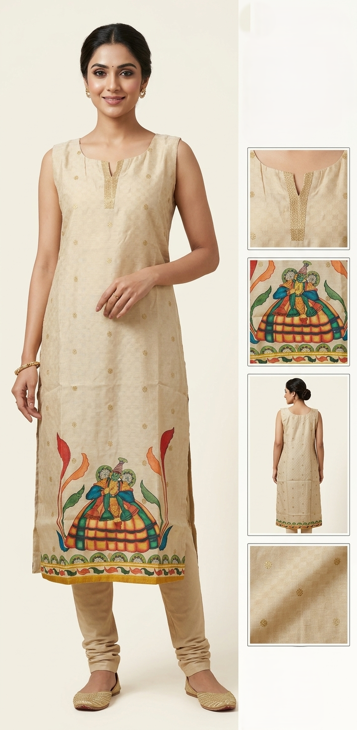 Women's Cream Ethnic Printed Sleeveless Kurti Top | Traditional Art Design | Straight Fit