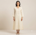 Women's Off-White Embroidered Cotton Blend Kurti | Elegant V-Neck Straight Fit Ethnic Top with 3/4 Sleeves