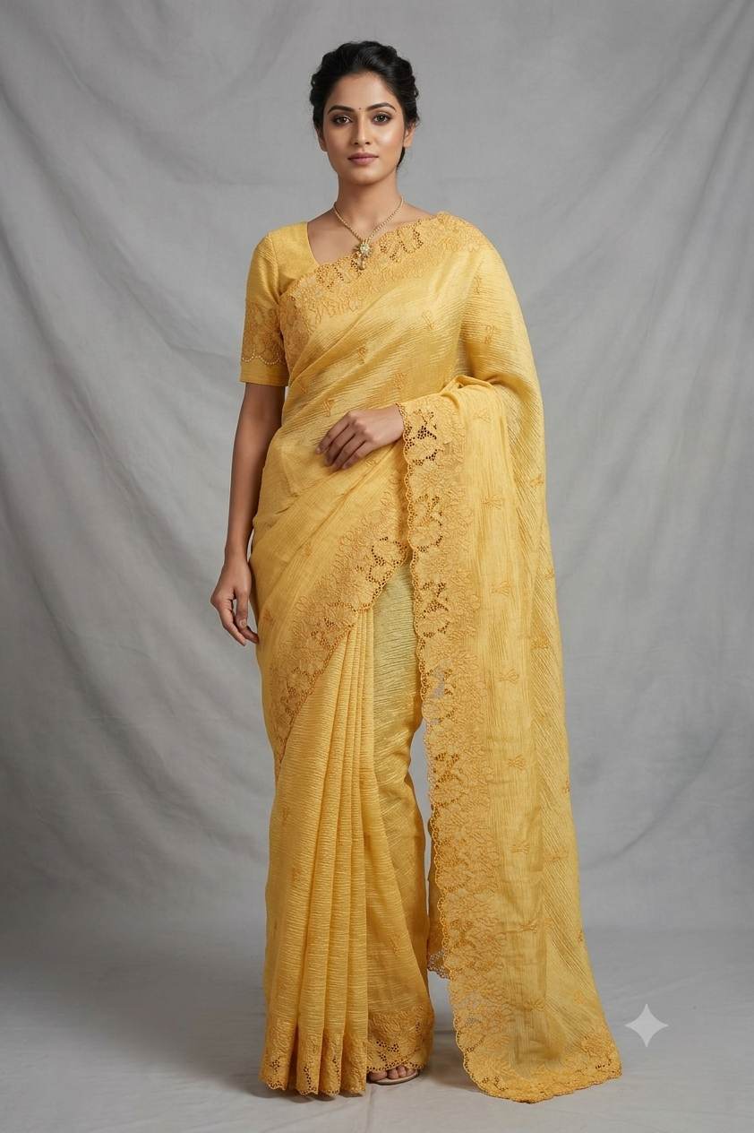 Elegant Crushed Organza Saree with Floral Lace Border – Premium Party & Occasion Wear
