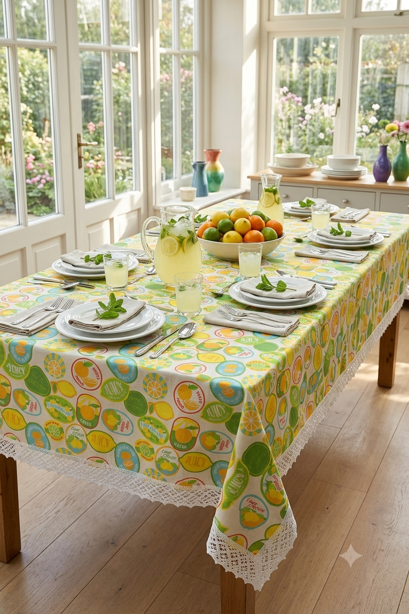 Lemon & Citrus Printed Table Cloth with Elegant White Lace Border – Nushio by Pulpel