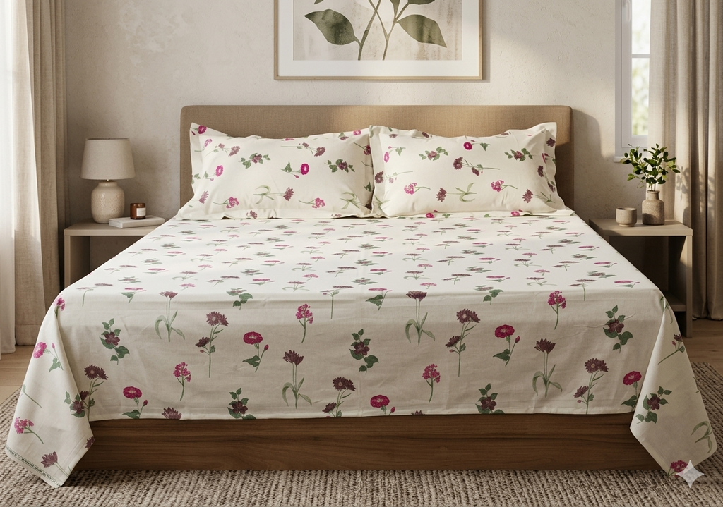 Queen Size White Floral Printed Bedsheet with 2 Pillow Covers – Cotton Comfort