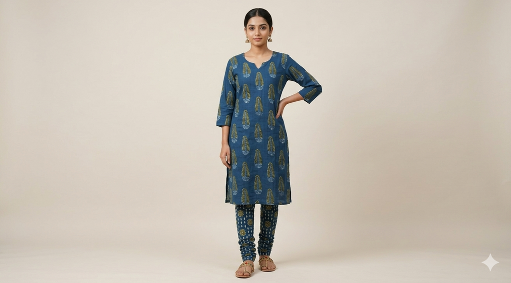Soft Cotton Printed Dress Material Set – Navy Blue | 2.5M Top & 2M Bottom | Comfortable Daily Wear Fabric