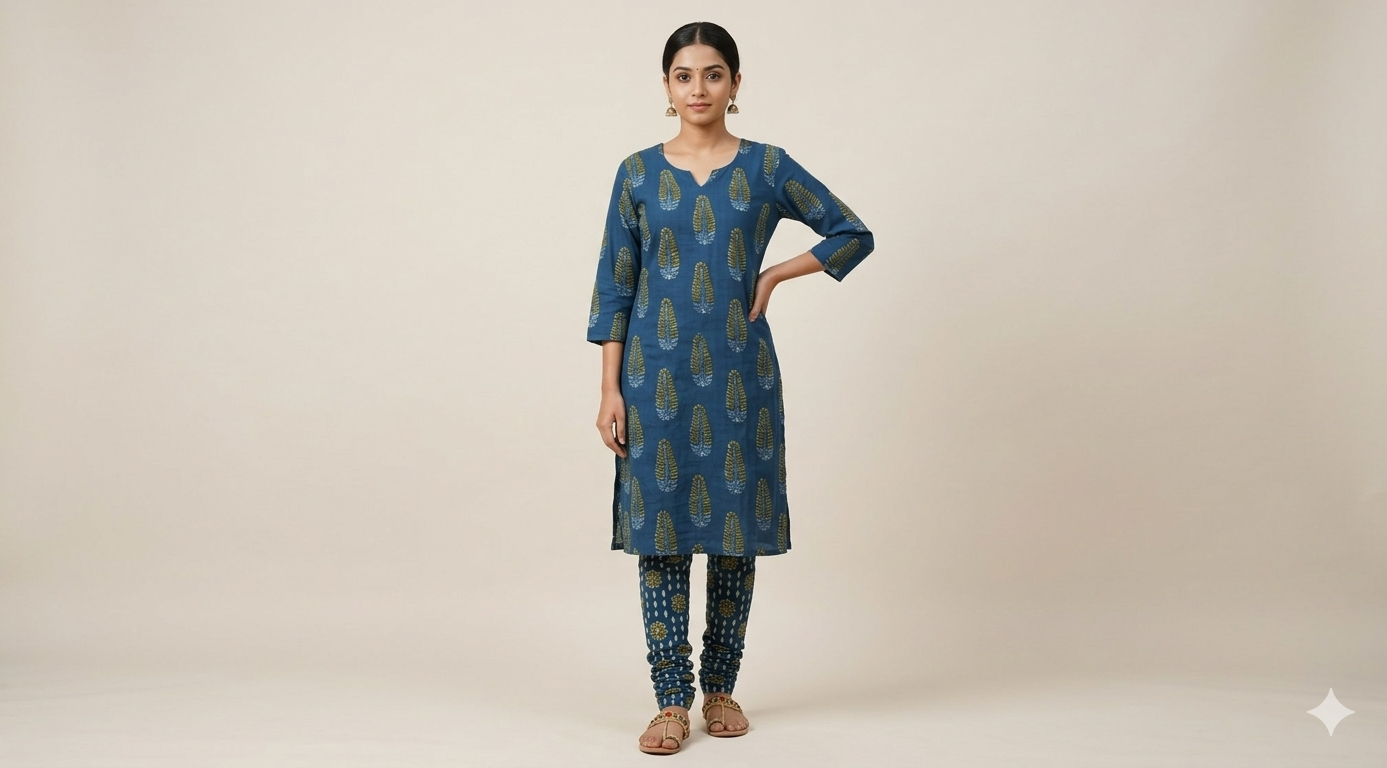 Soft Cotton Printed Dress Material Set – Navy Blue | 2.5M Top & 2M Bottom | Comfortable Daily Wear Fabric