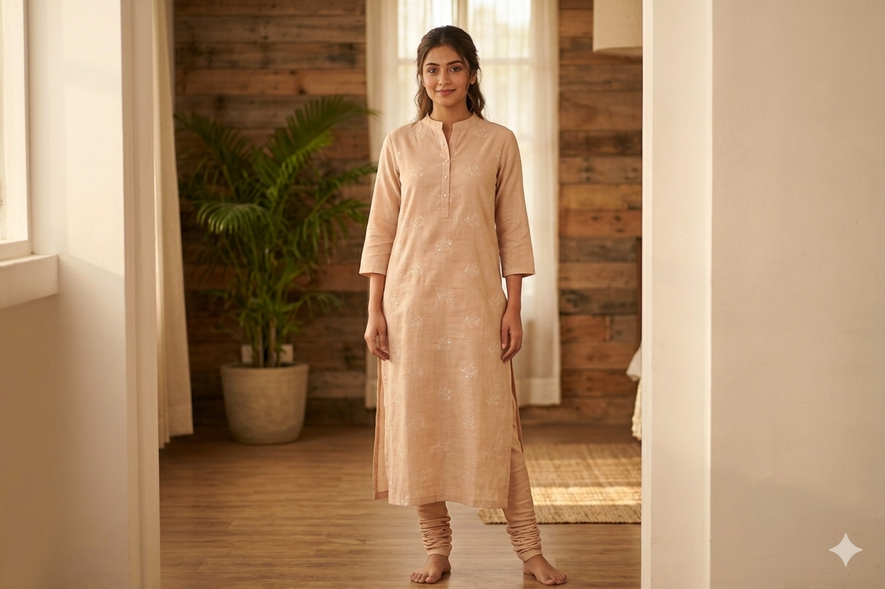 Elegant Semi Linen Dress Material Set with Embroidered Top & Plain Bottom – 44" Width