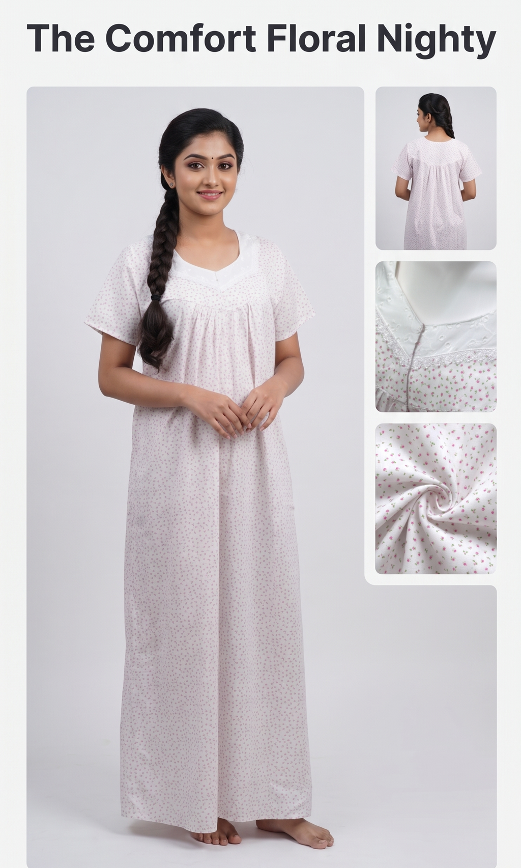 Elegant White Floral Print  Nighty with Delicate Lace Detail