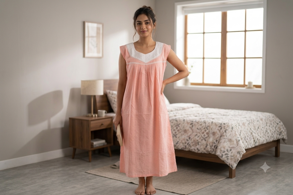 Women's Cotton Knee Length Nighty with Embroidered Yoke – 48" Length | Comfortable Daily Wear