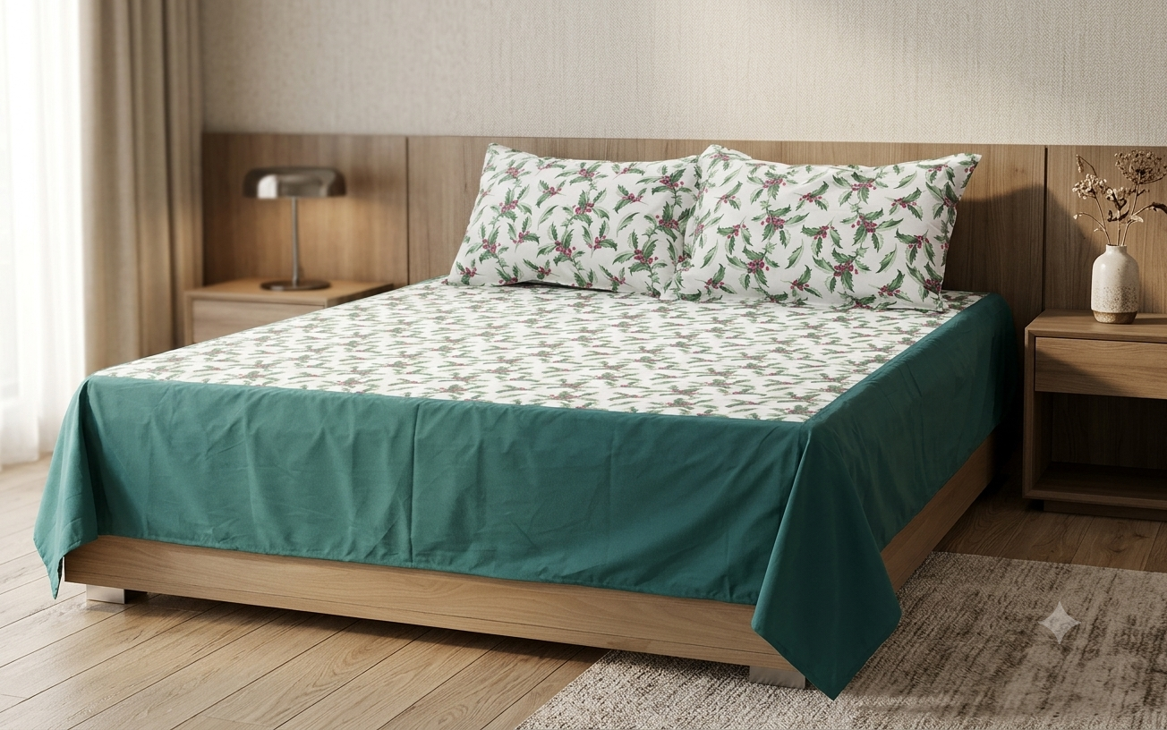 QUEEN Size Floral Bedsheet with 2 Pillow Covers |  Printed Bed Cover | White & Teal Green |