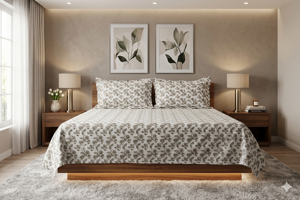 Elegant Floral Print Queen Size Cotton Bedsheet with 2 Pillow Covers – White &amp; Grey