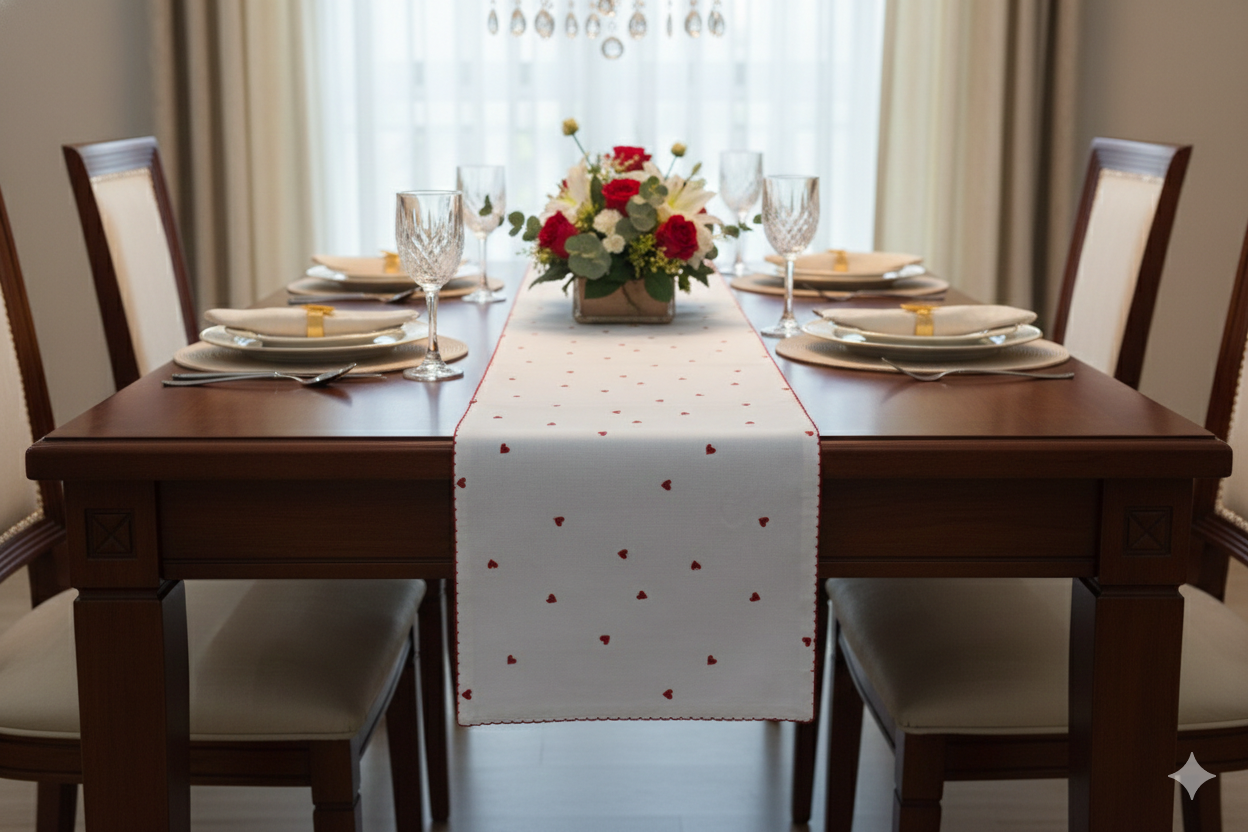 White Cotton Table Runner with Red Heart Print – 175 × 35 cm