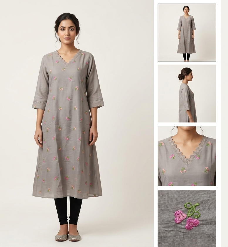 Mul Chandari Embroidered A-Line Ladies Top – Elegant Floral Embroidery | 3/4 Sleeve Kurti Top