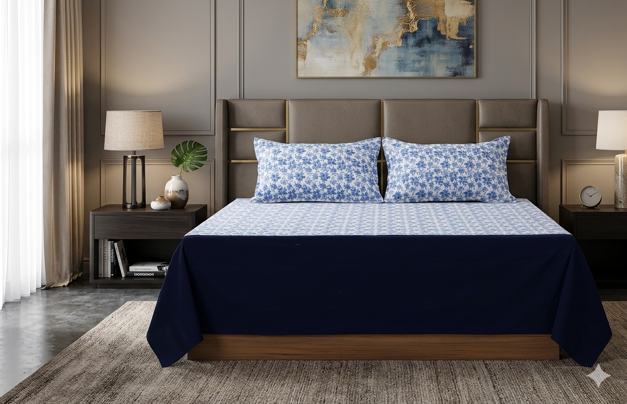 King Size Blue Floral Bedspread with 2 Pillow Covers | Elegant Cotton Blend Bedding Set