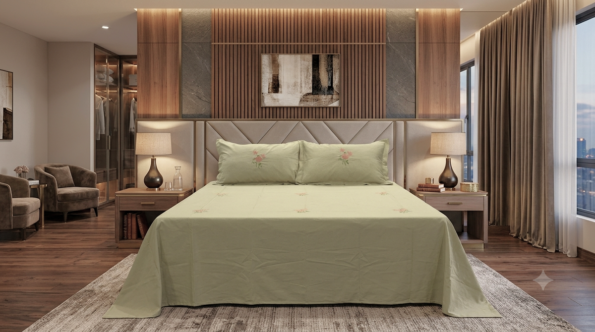 Cotton Blend Bedspread with Elegant Floral Embroidery – 96 × 116 Inches