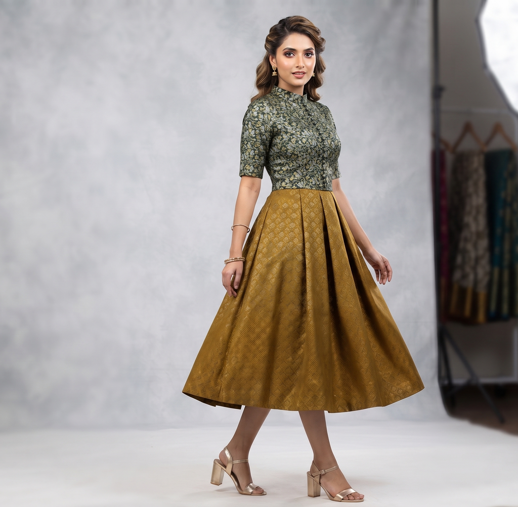 Premium Green Floral Brocade Silk Fabric for Blouse & Midi | Running Material | 1.10m / 1.50m / 2m