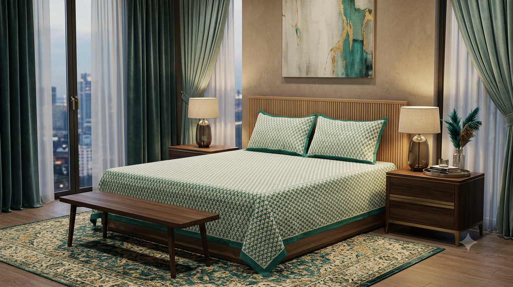Queen Size Cotton Bedspread 90 × 100 Inches – Teal Blue Floral Printed Design
