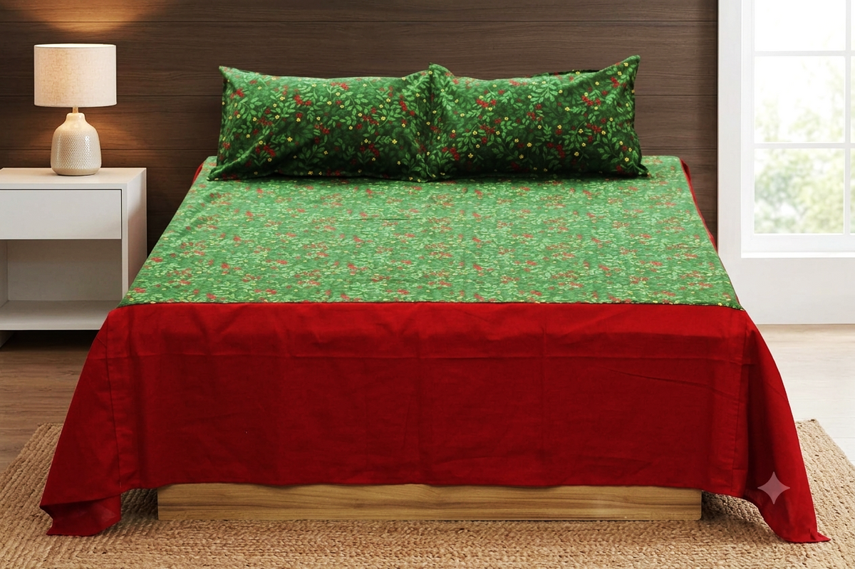 King Size Christmas Holly Print Bedspread – 100×110 Inches
