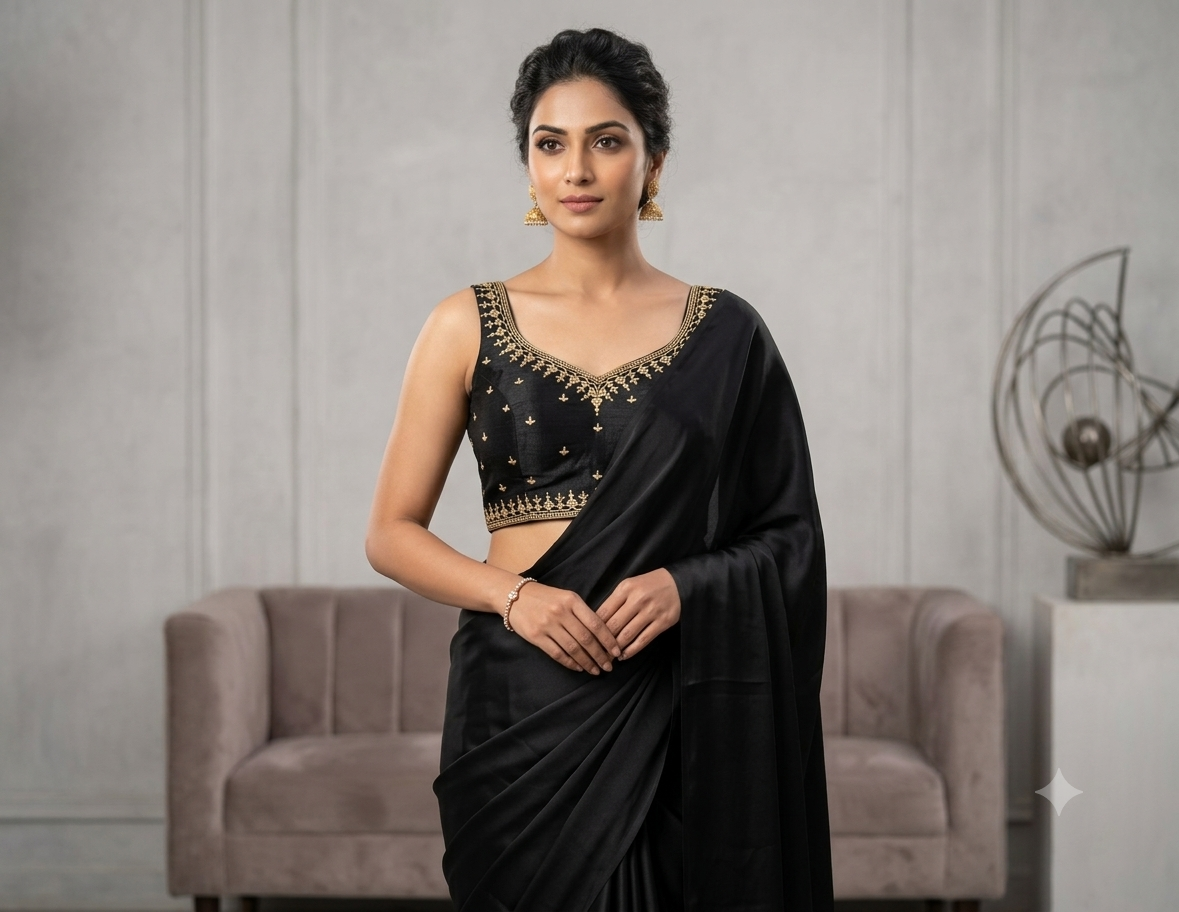 Women's Black Chanderi Silk Embroidered Saree Blouse | Ready-to-Wear Designer Blouse with Sleeves Inside