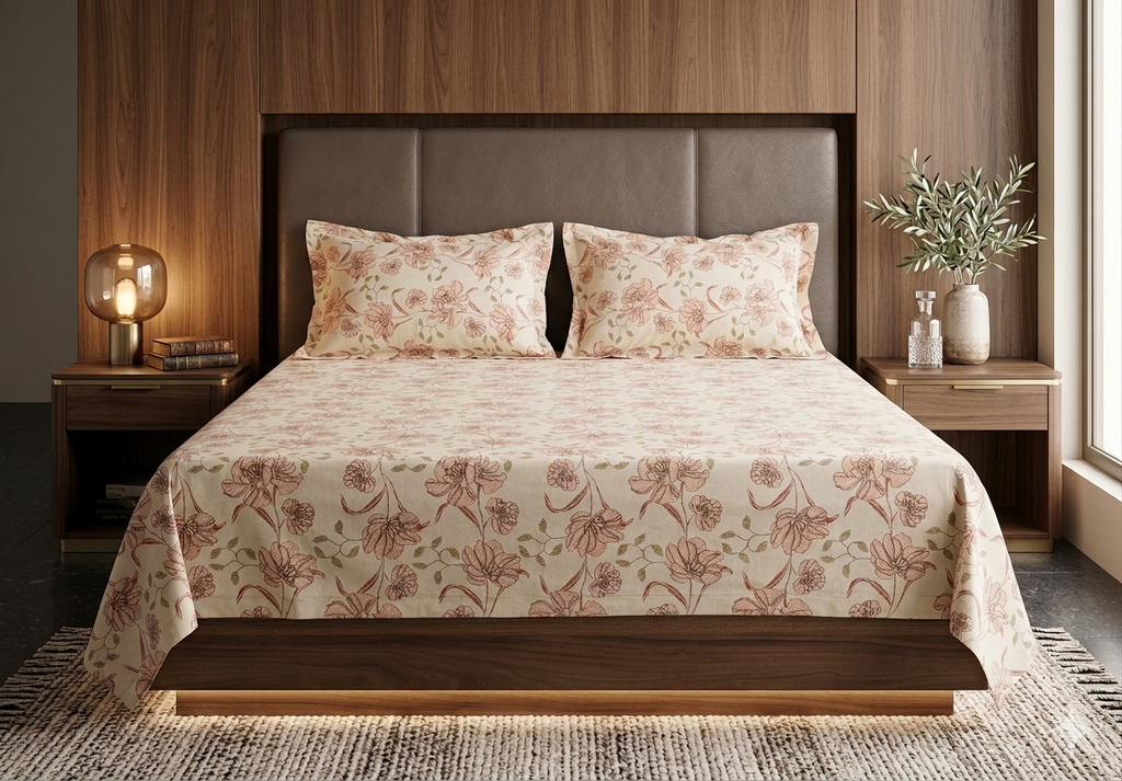 Queen Size Floral Printed Bedsheet with 2 Pillow Covers – Soft Cotton Blend | Elegant Beige & Pink