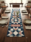 Geometric Patchwork Table Runner – Navy Blue & Red Decorative Table Mat | 90 × 35 cm
