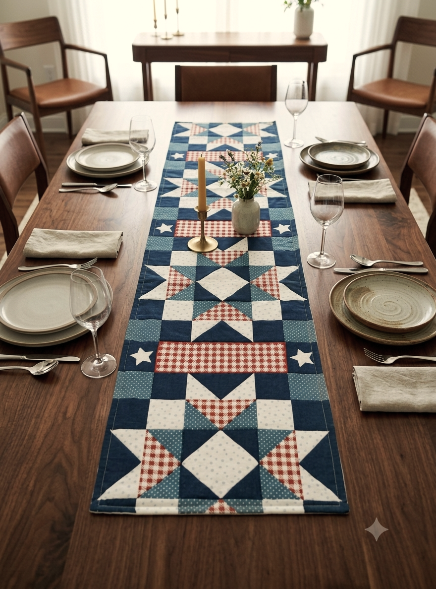 Geometric Patchwork Table Runner – Navy Blue & Red Decorative Table Mat | 90 × 35 cm