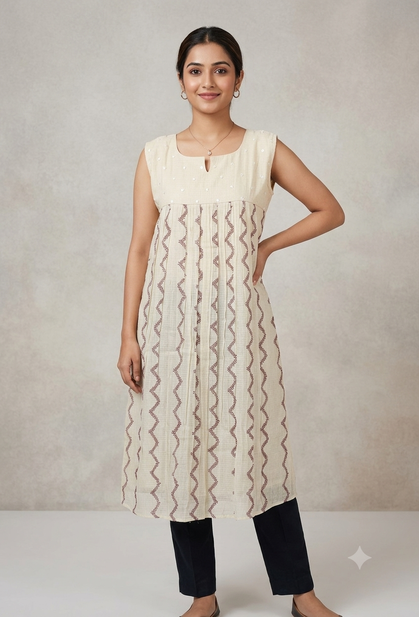 Women's Cream Embroidered Sleeveless Cotton Blend A-Line Top | Casual & Ethnic Wear