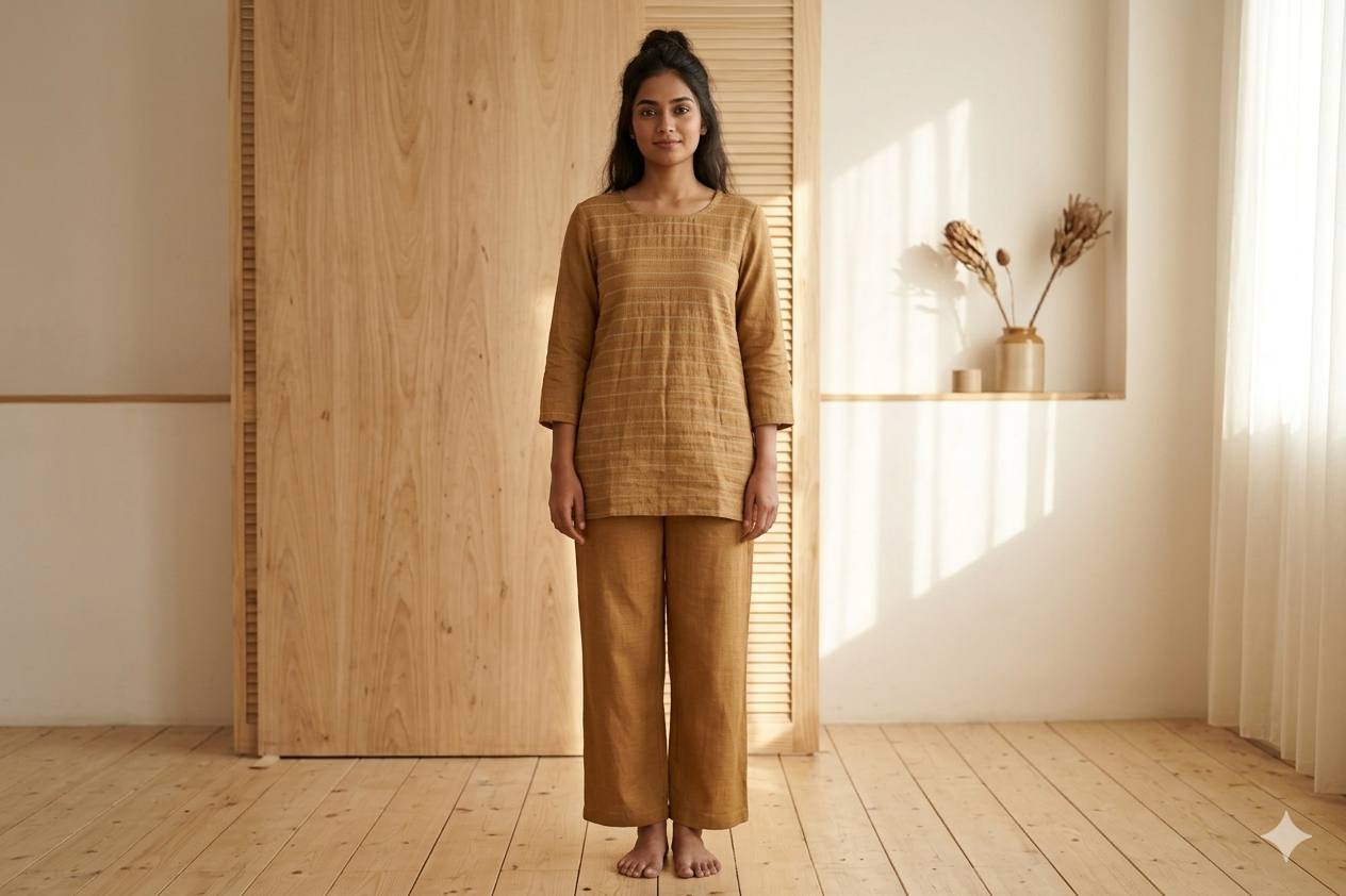 Elegant Semi Linen Dress Material Set – Textured Mustard Brown | Top & Bottom Combo (44” Width)