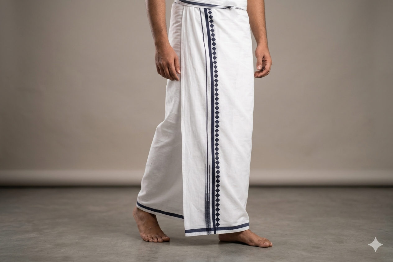 Premium White Cotton Double Mundu with Black Traditional Border