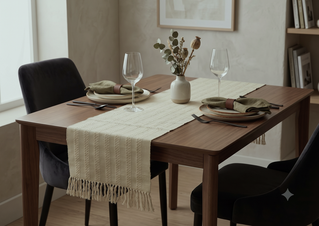 Beige Textured Table Runner with Tassel Border – 120 × 35 cm