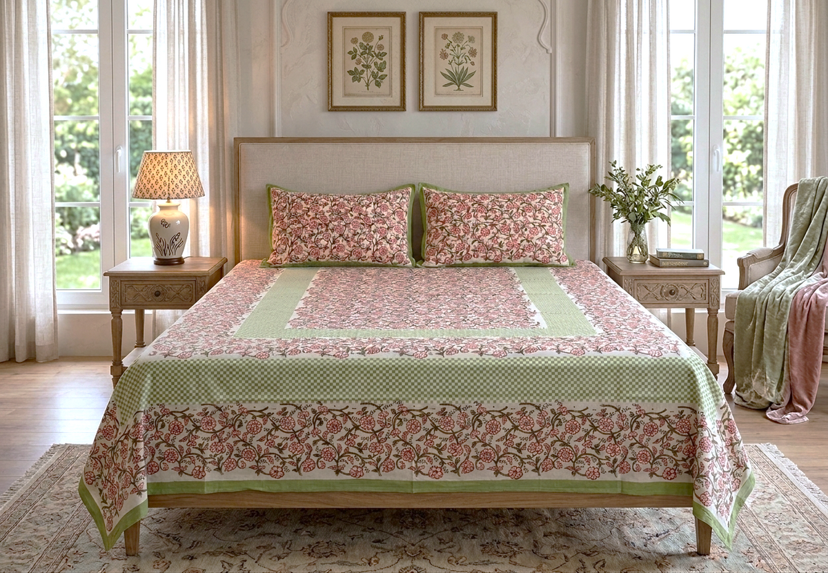 Queen Size Cotton Bedspread 90 × 100 Inches – Floral Print with Green Border