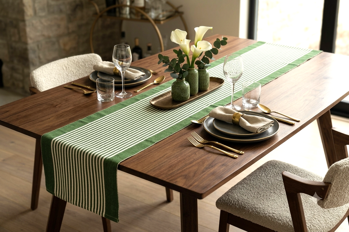 Green & White Striped Table Runner – 116 × 30 cm