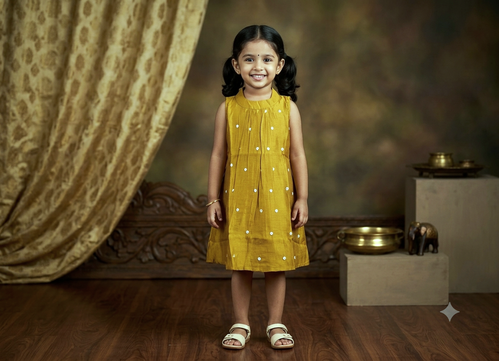 Girls Mustard Yellow Halter Neck Frock with Matching Sleeve Material – Nushio by Pulpel
