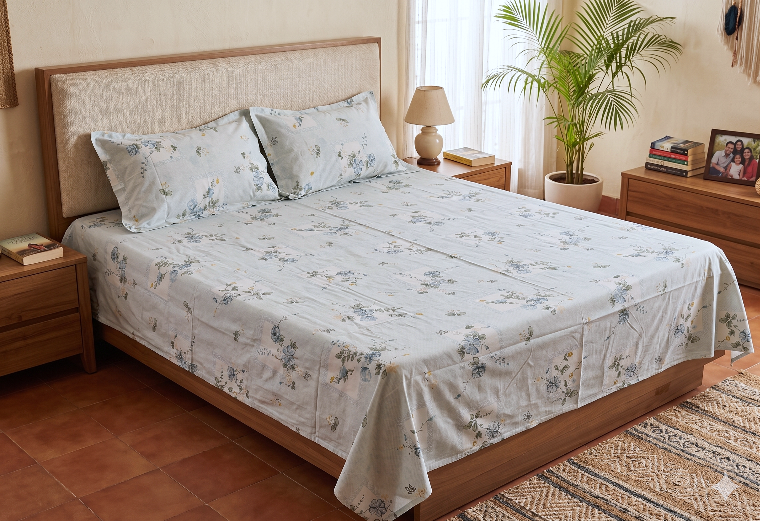 Elegant Blue Floral Queen Size Bedsheet with Pillow Covers