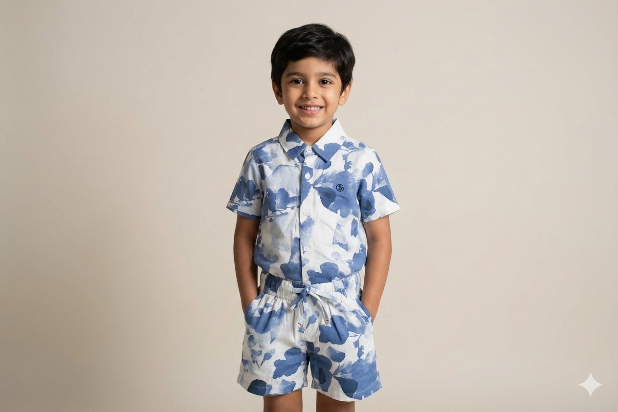 Boys Blue Abstract Print Co-Ord Set – Half Sleeve Shirt & Shorts Outfit