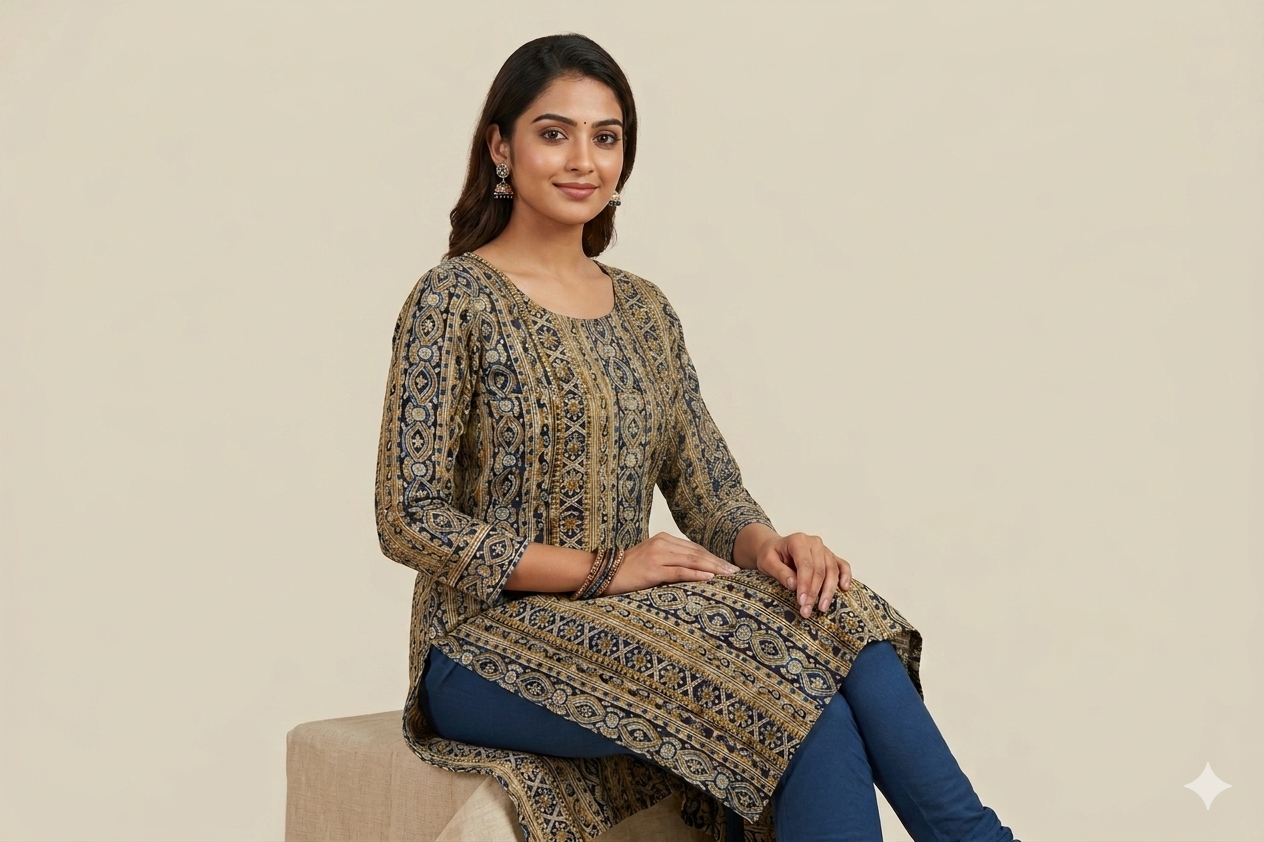 Kalamkari Print Cotton Churidar Material – Blue & Beige Traditional Print | 44" Width | 3 Meter Top Fabric