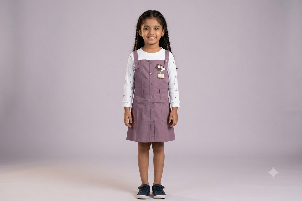 Girls’ Stylish Pinafore Frock with Printed Full Sleeves