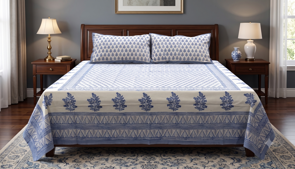 Queen Size Cotton Bedsheet with 2 Pillow Covers | Blue & White Floral Hand Block Print | 86 x 104 Inches
