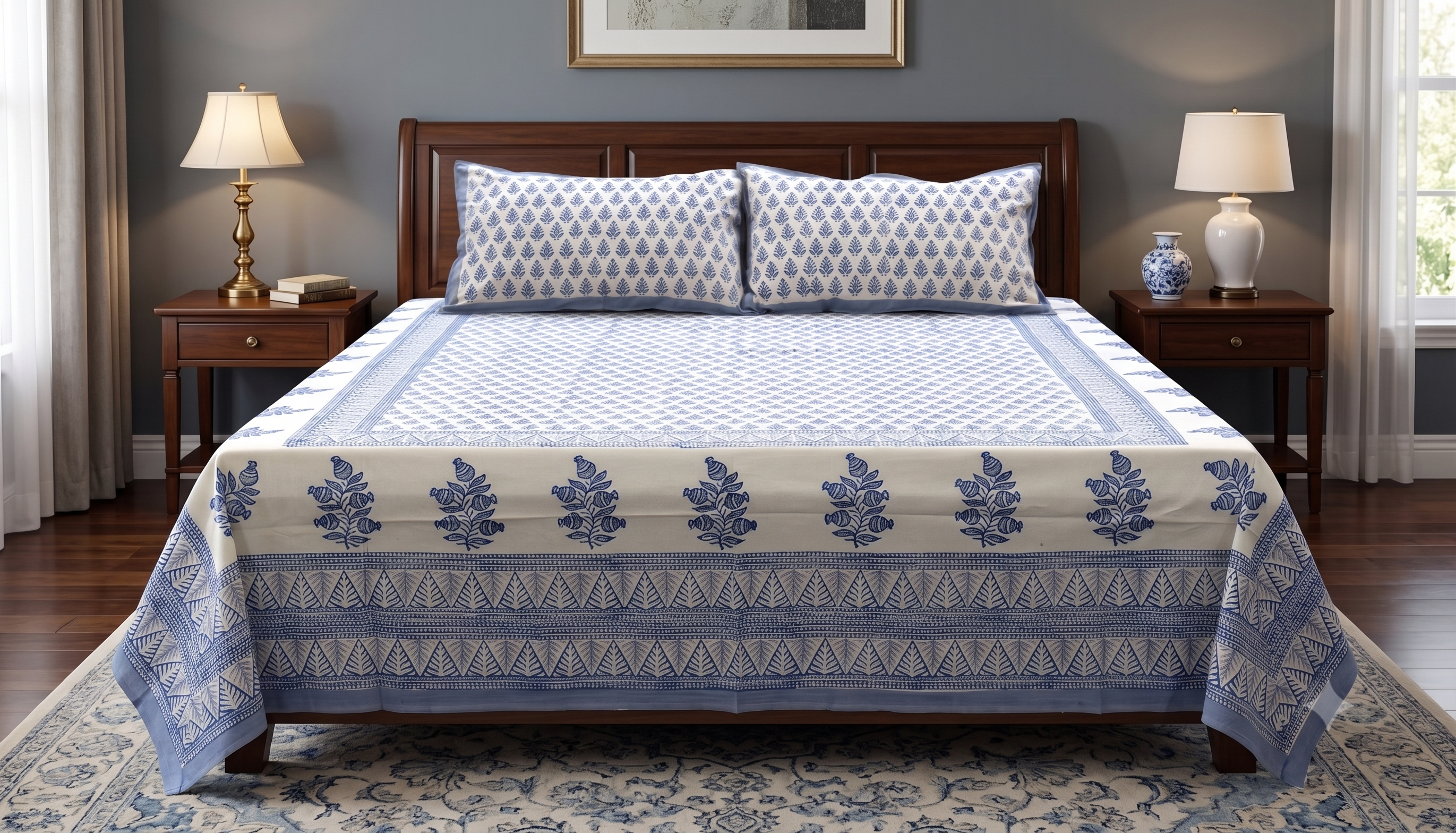 Queen Size Cotton Bedsheet with 2 Pillow Covers | Blue & White Floral Hand Block Print | 86 x 104 Inches