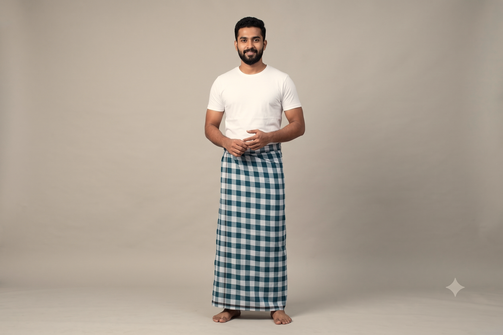 Premium Cotton Checked Kaili / Lungi – Dark Teal & White (2.10 Meters)