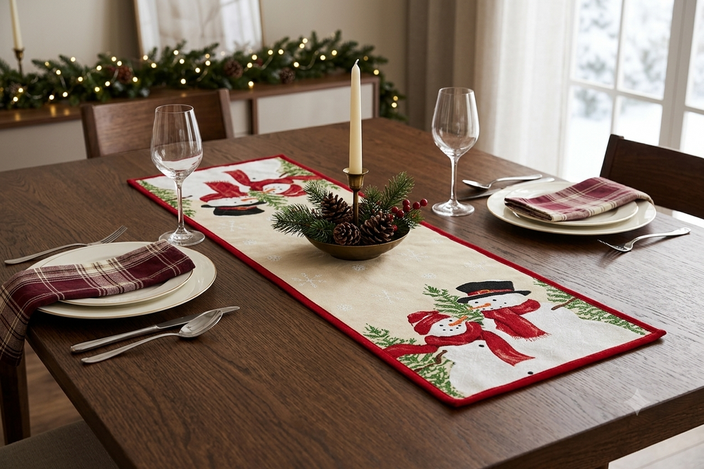 Christmas Snowman Table Runner – Festive Holiday Dining Table Decor | 90 × 35 cm