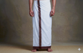 Premium White Cotton Double Mundu with Maroon Temple Border