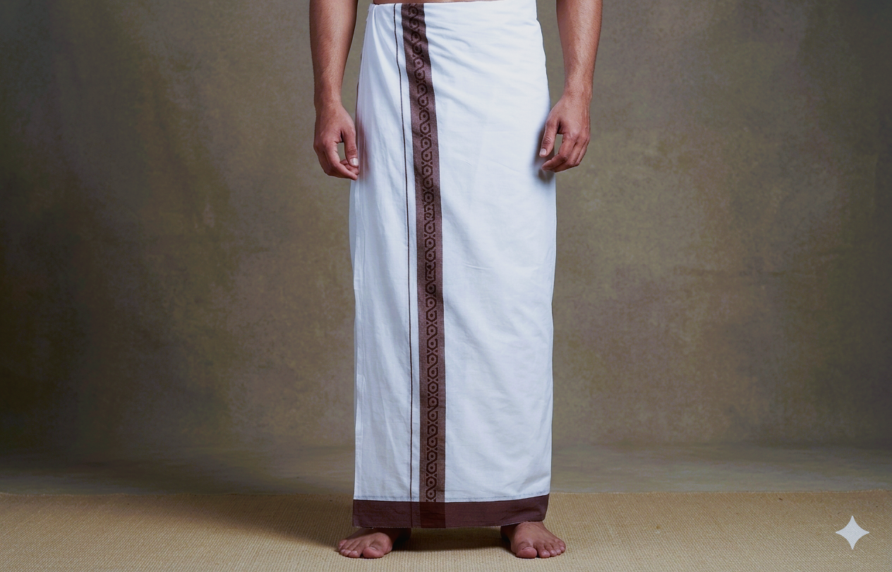 Premium White Cotton Double Mundu with Maroon Temple Border
